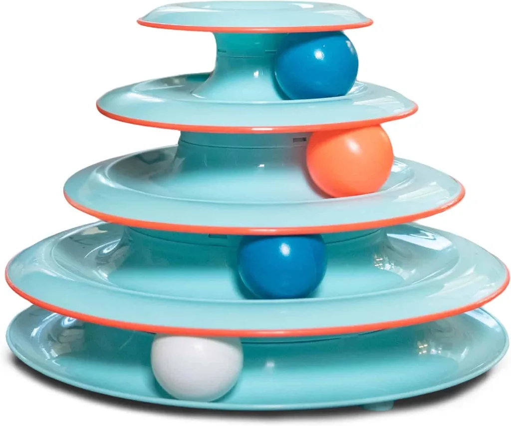 Catstages chase Meowtain toy blue and orange cat toy with balls on tack