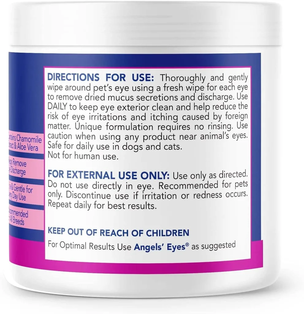 angels eyes directions blue and white tub of eye wipes showing how to use them