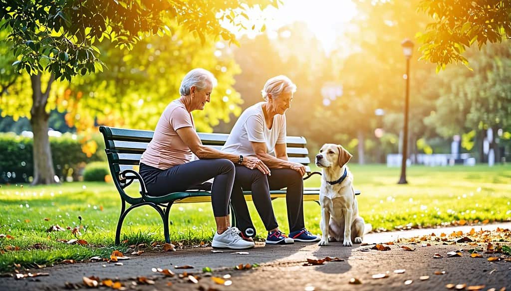 2 women sitting on bench and petting dog